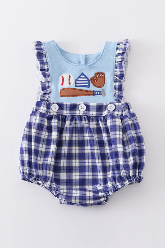 SALE - Blue Plaid Baseball Applique Girl Bubble