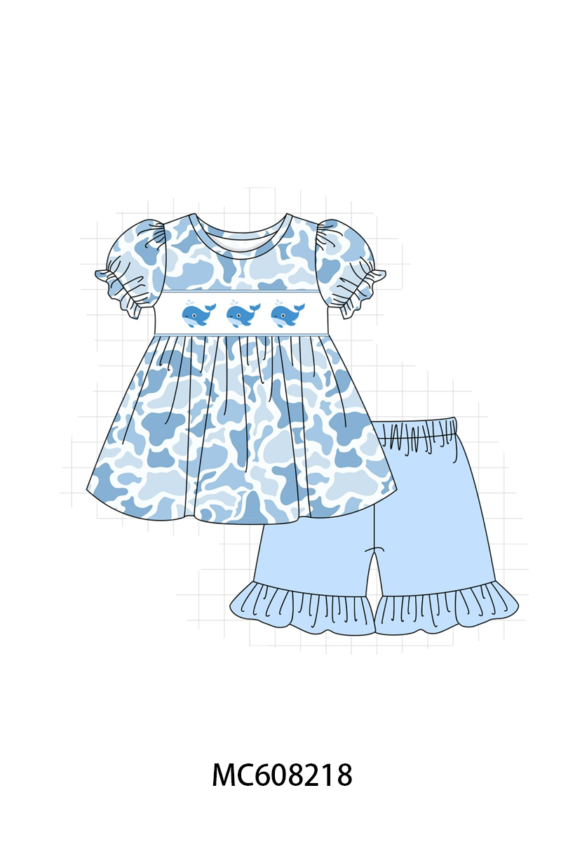 PO101 Blue camouflage whale embroidery ruffle collection