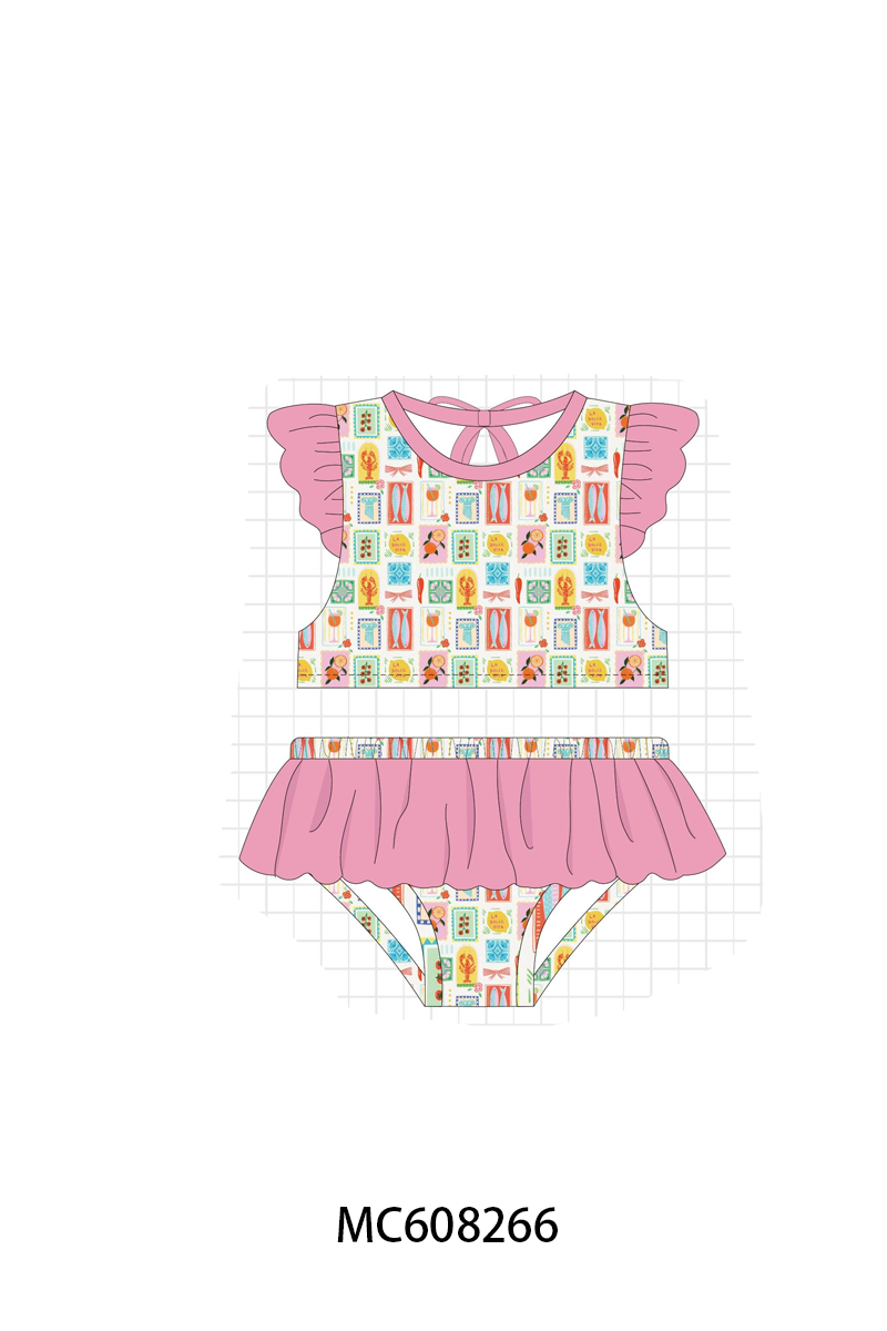 PO101 Pink checkered patchwork ruffle swimsuit collection