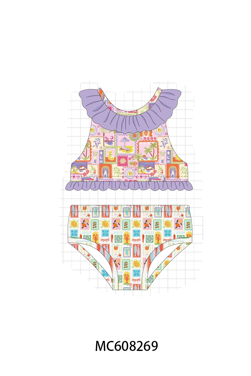 PO101 Purple beach ruffle swimsuit collection