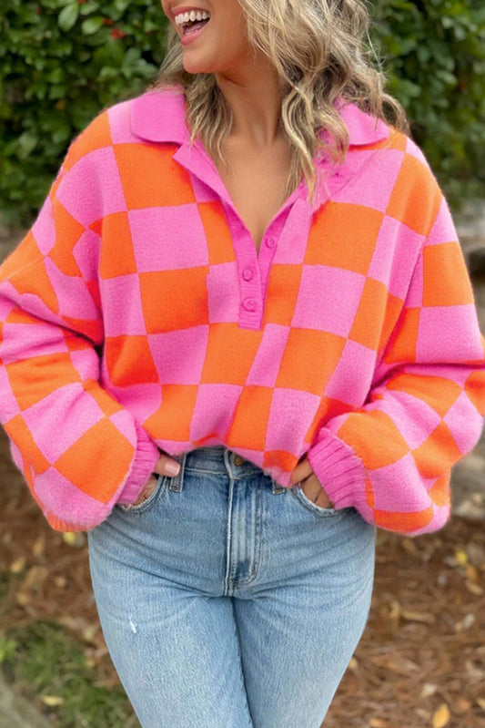 Pink Checkered Knit Polo Sweater RTS