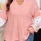 Pink Floral Sleeve Waffle Plus Top LT