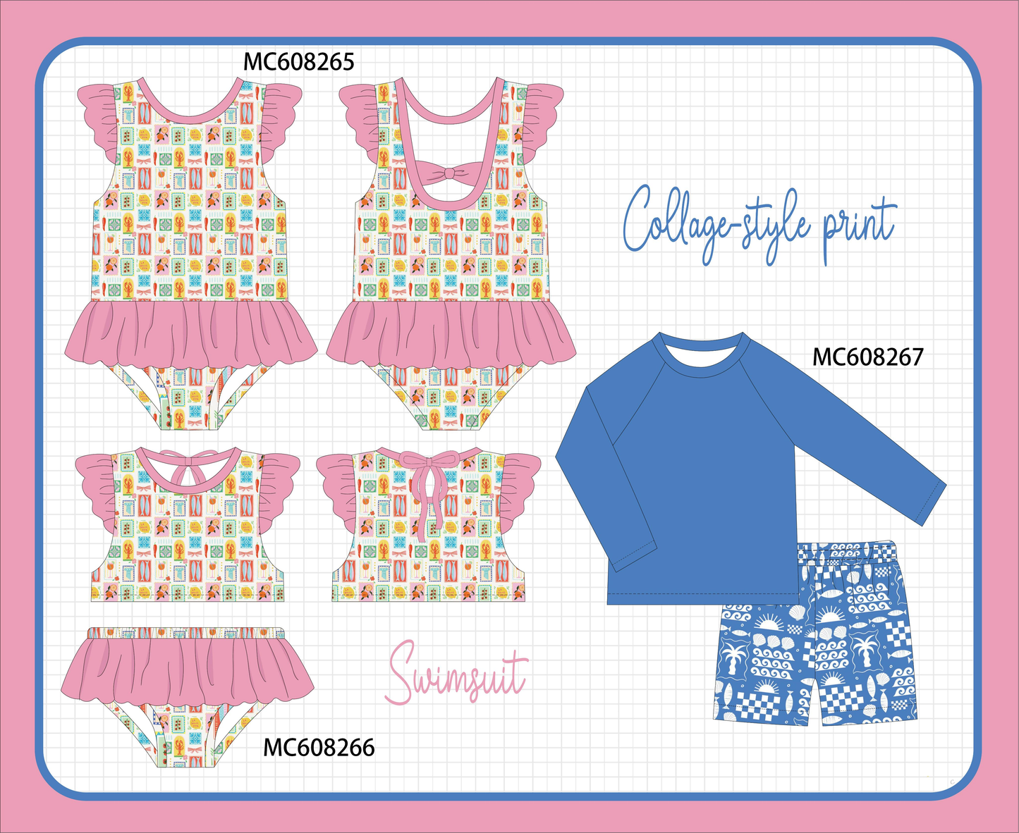 PO101 Pink checkered patchwork ruffle swimsuit collection