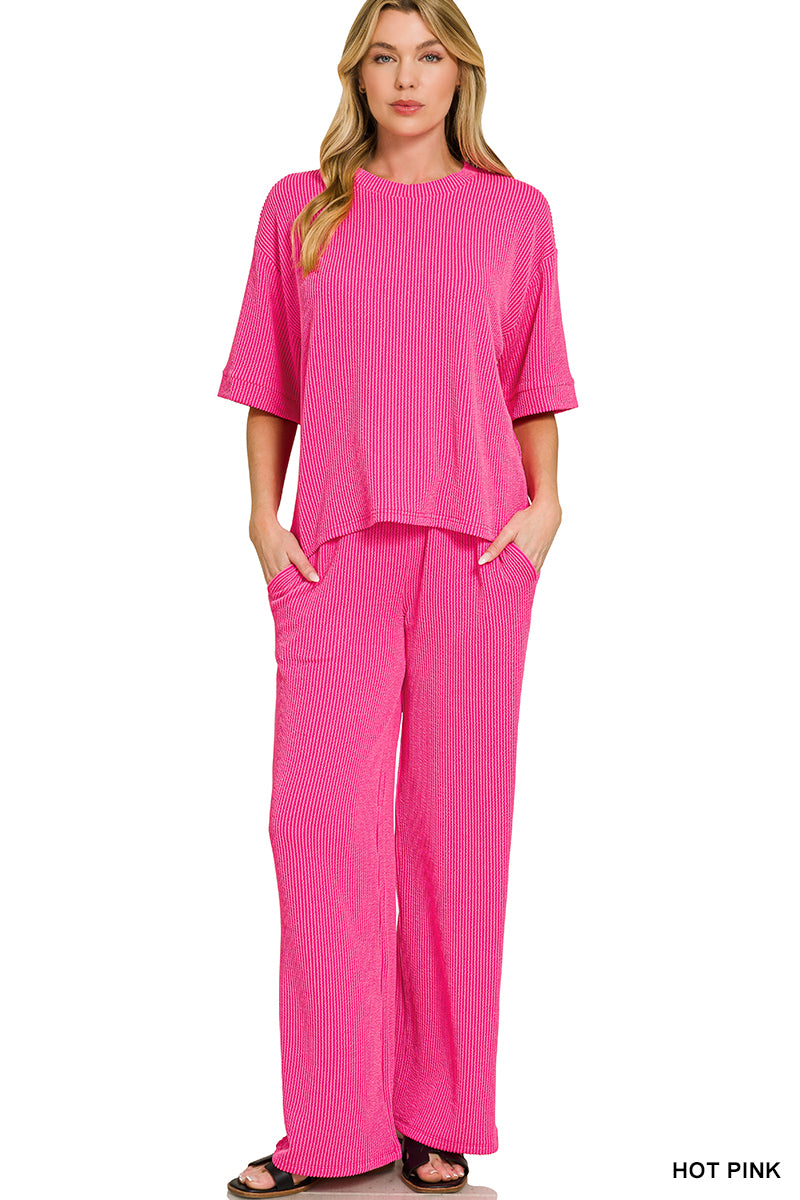 Raised-Rib Short Tee Pants Set Zenana RTS