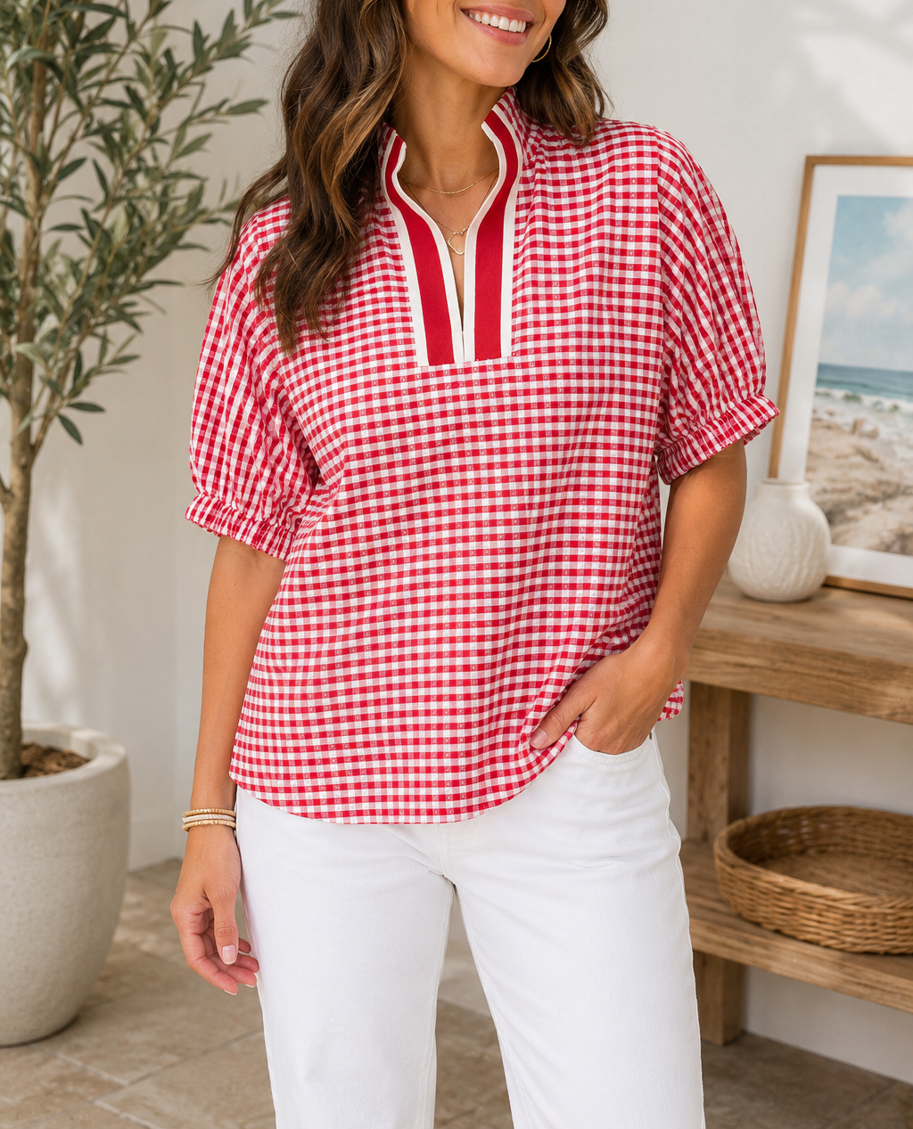 Red Plaid Trim Blouse