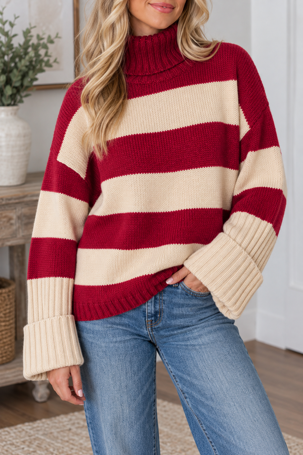 Red Stripe Ribbed Pullover