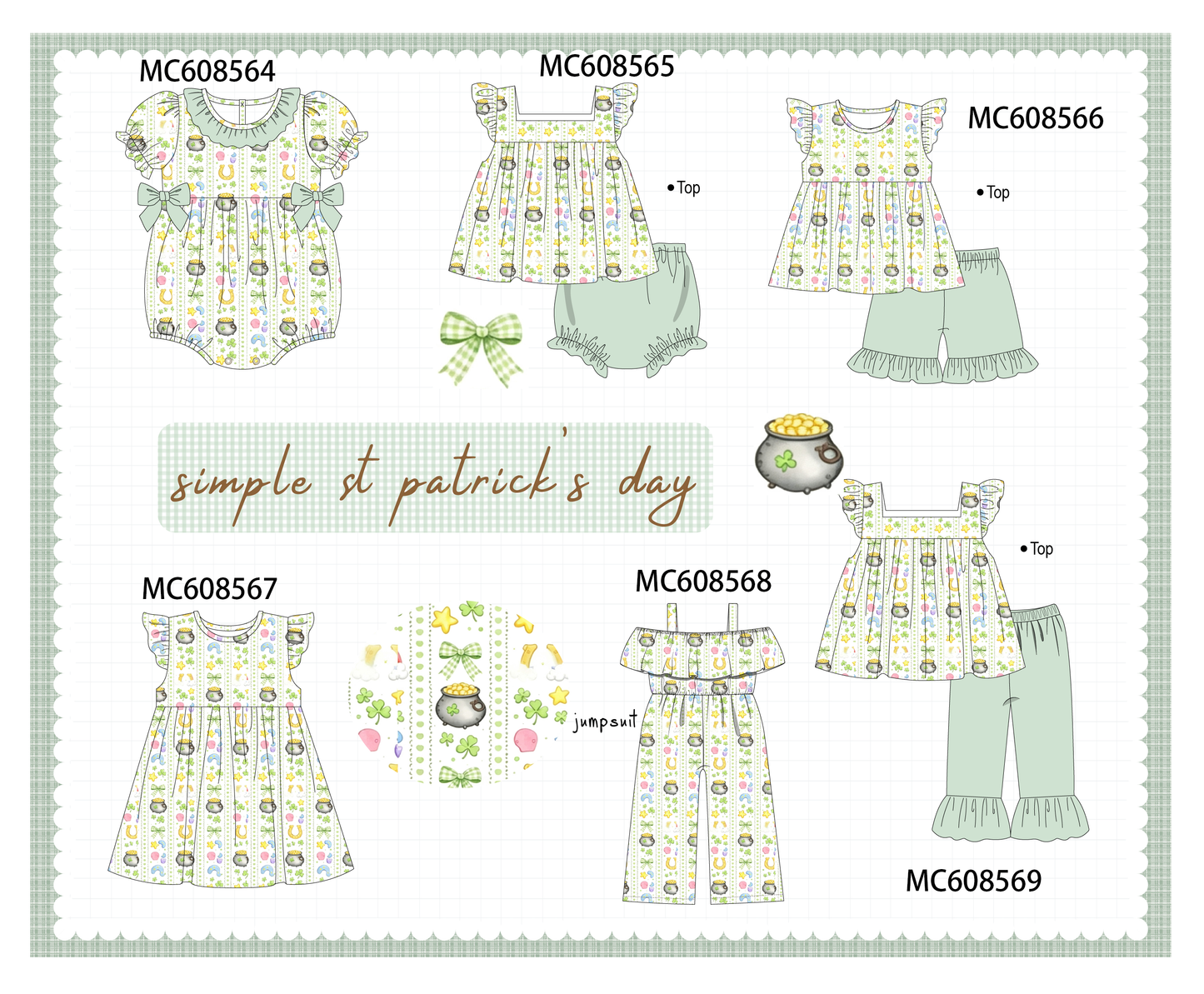 PO101 Sage St. Patricks Day clover bow print collection