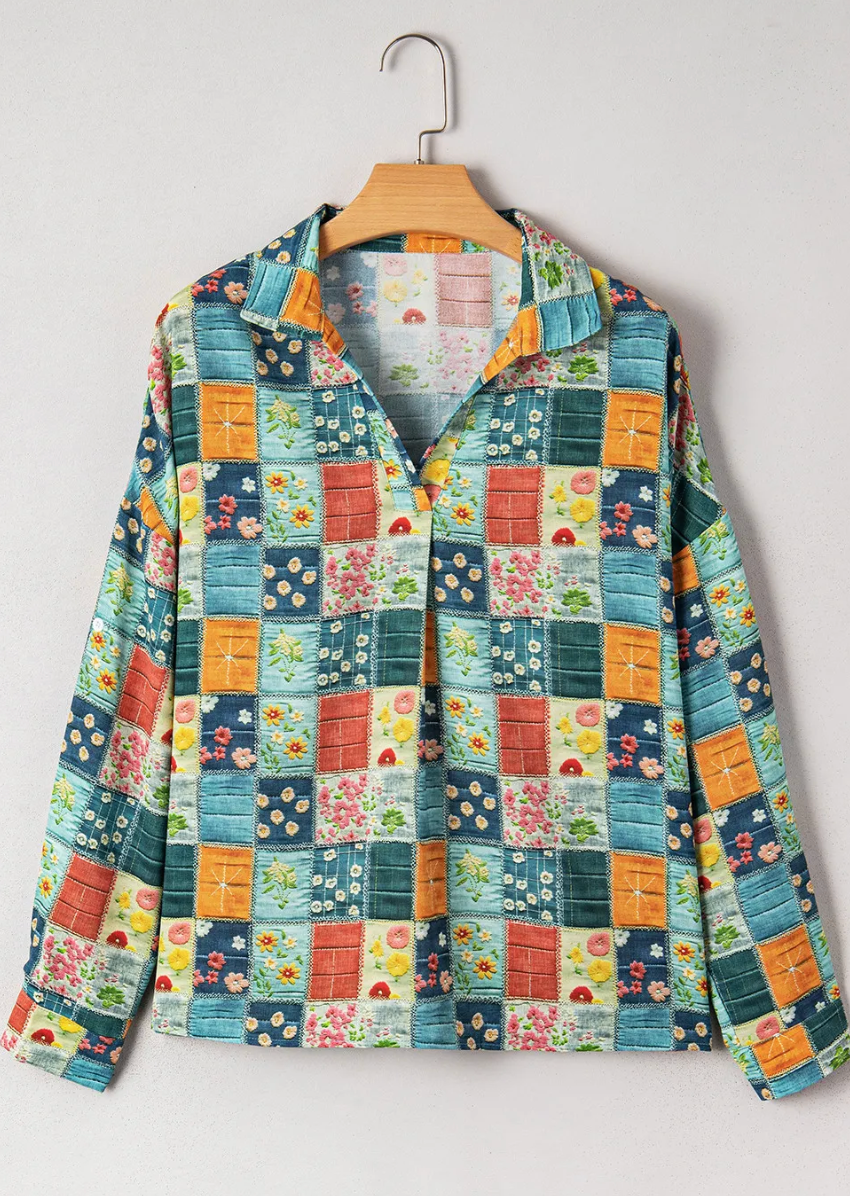 Floral Patchwork V Neck Blouse RTS
