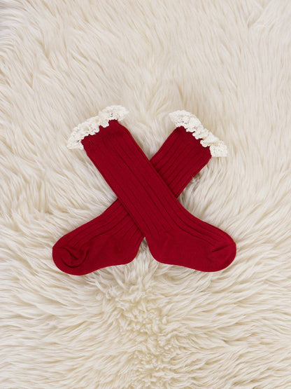 Lace Trim Knee Socks - Red