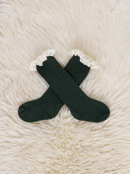 Lace Trim Knee Socks - Green