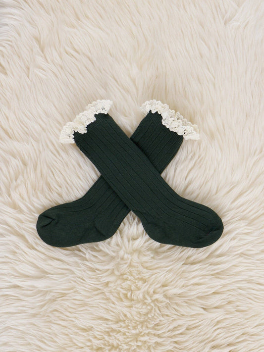 Lace Trim Knee Socks - Green