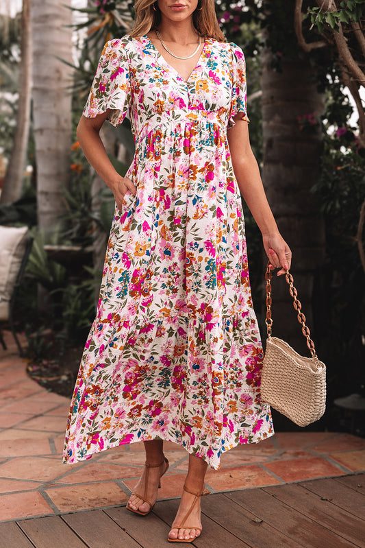 Red Floral V Neck Maxi Dress RTS