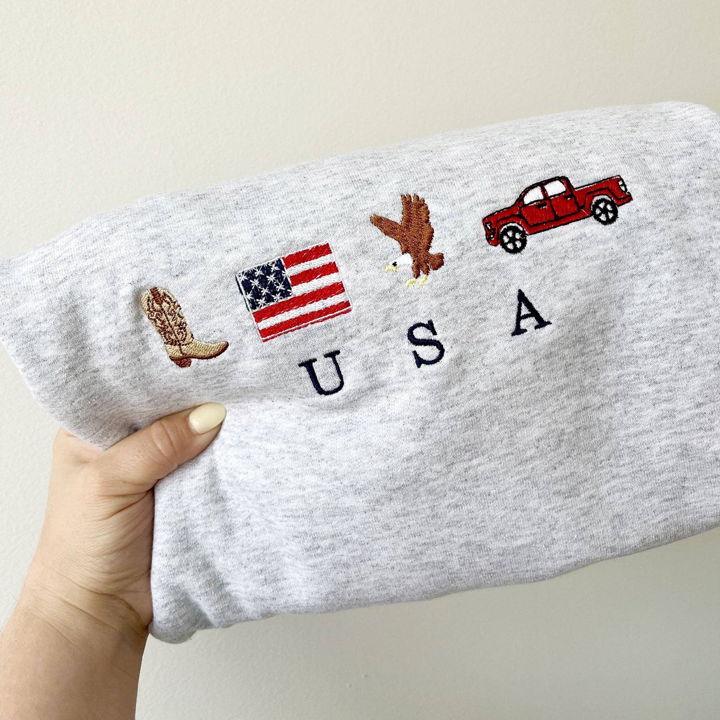USA Embroidered Icons Crewneck Sweatshirt | Patriotic