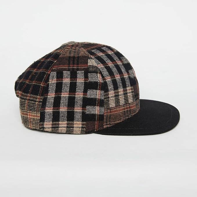Flat Brim Trucker Hat - Brown Plaid w/ Faux Leather Brim