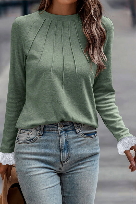 Green Seam Lace Cuff Raglan Top LT