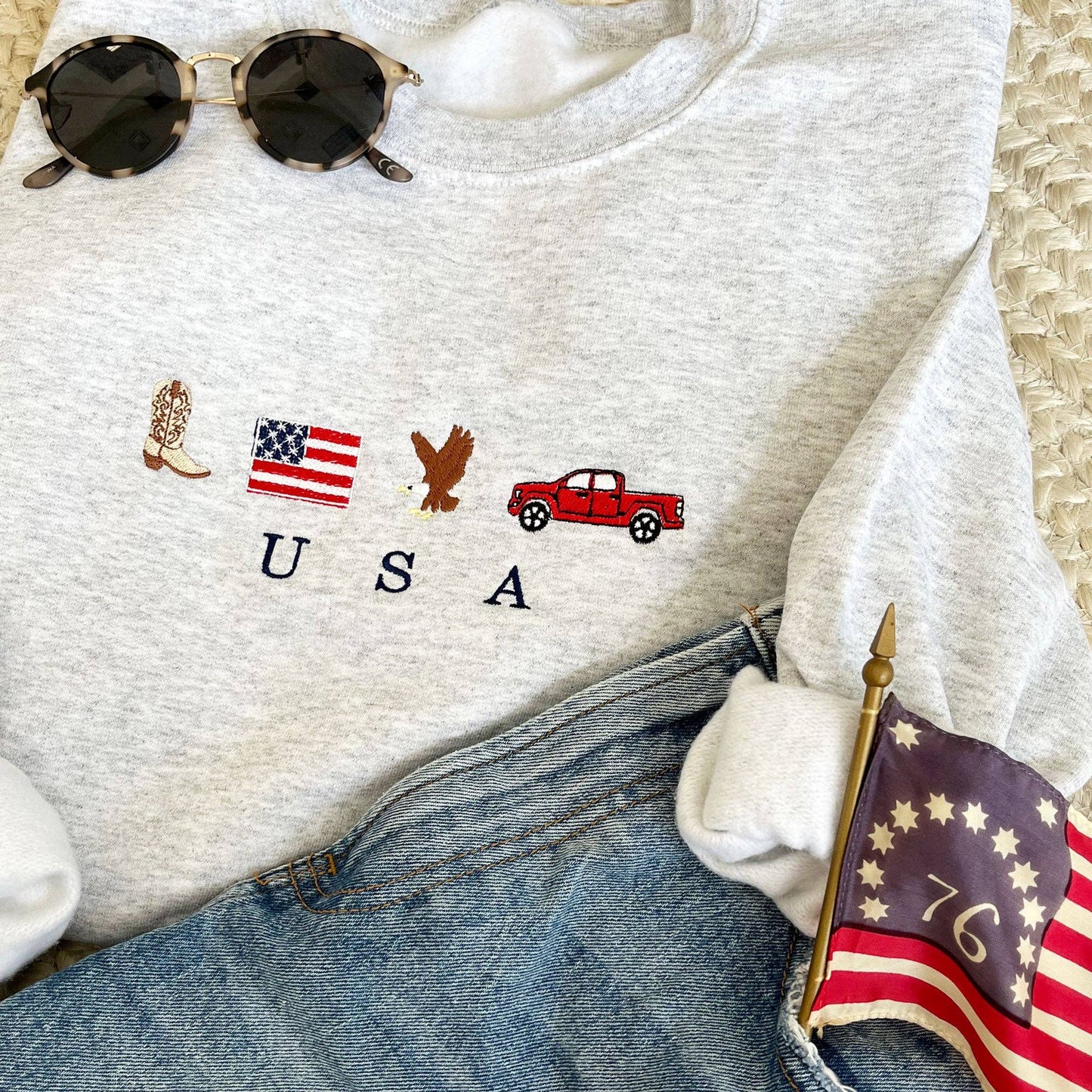 USA Embroidered Icons Crewneck Sweatshirt | Patriotic
