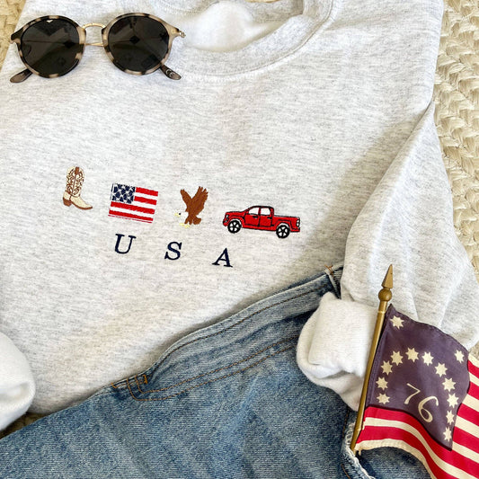 USA Embroidered Icons Crewneck Sweatshirt | Patriotic