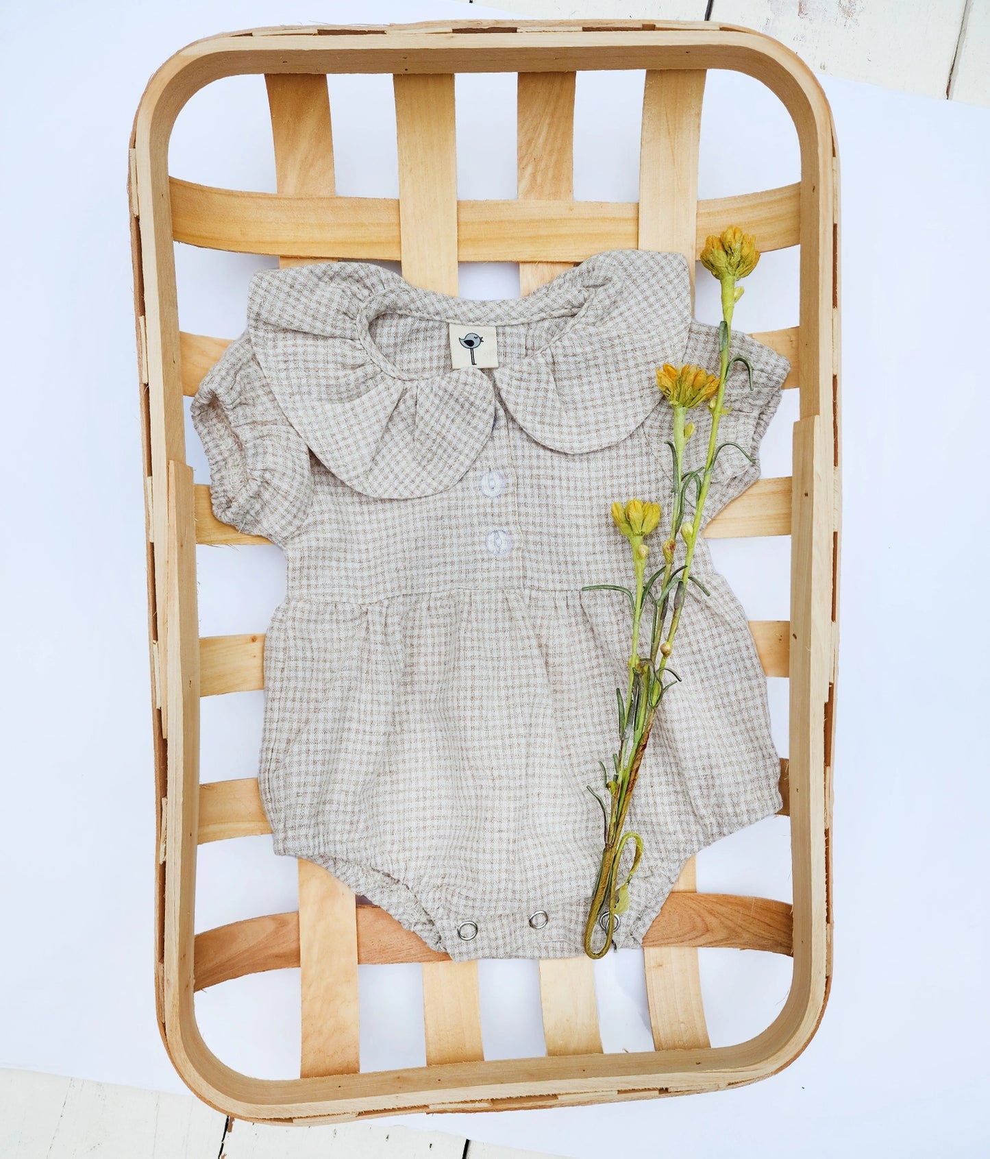 Baby Girl Adalia OAT Gingham Bubble Romper w/ Peter Pan Collar | Short Sleeve