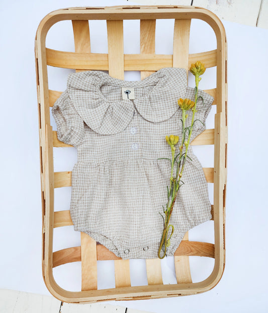 Baby Girl Adalia OAT Gingham Bubble Romper w/ Peter Pan Collar | Short Sleeve