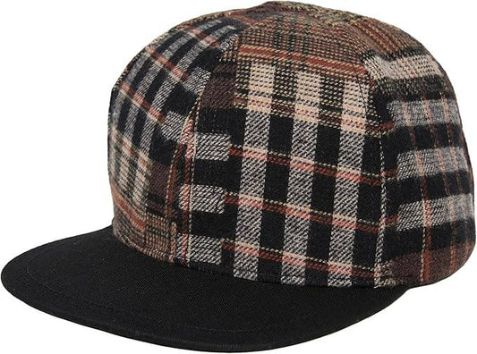 Flat Brim Trucker Hat - Brown Plaid w/ Faux Leather Brim